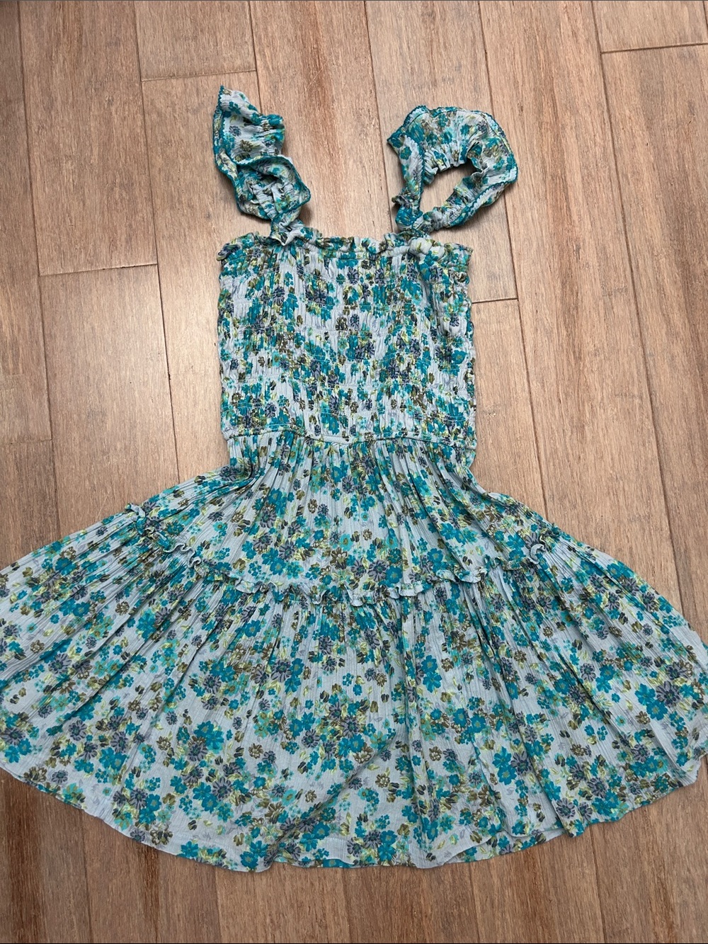 aerie Floral Ruffle Strap Sundress - Teal, Green & White